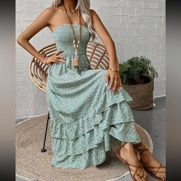 Dresses | Boho Floral Print Ruffle Hem Strapless Maxi Dress | Poshmark